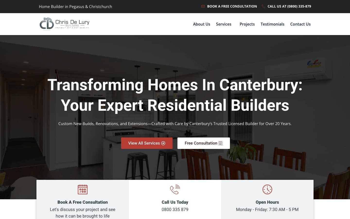 Live homepage, chrisdelurybuilders.co.nz — captured 13 October 2026.