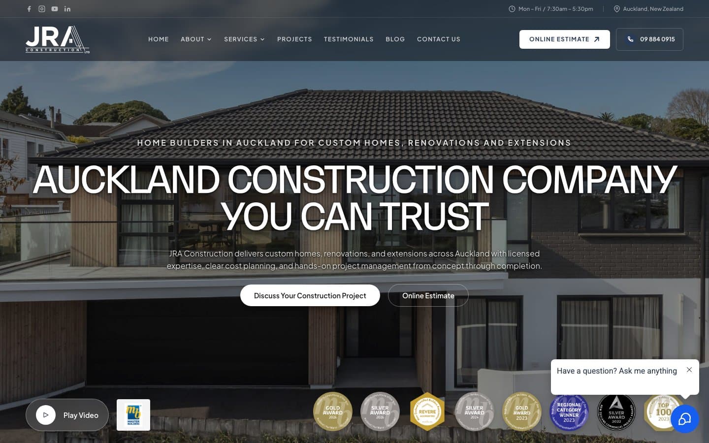 Live homepage, jraconstruction.co.nz — captured 13 October 2026.