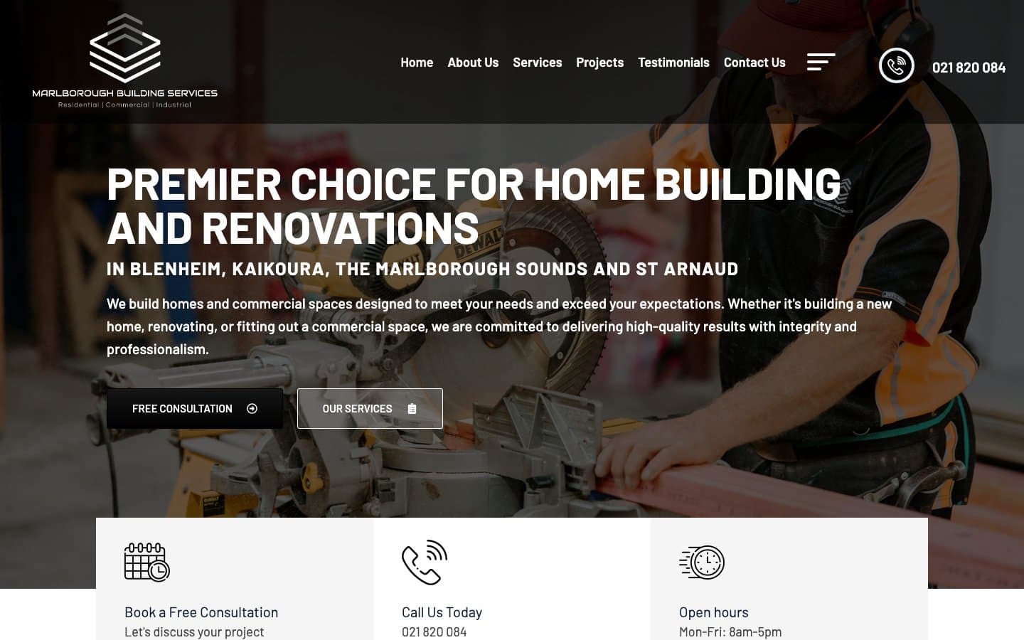 Live homepage, marlboroughbuilding.nz — captured 13 October 2026.