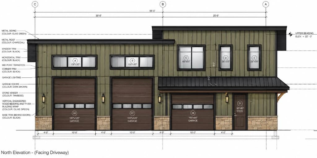 North elevation, facing driveway — design development render.