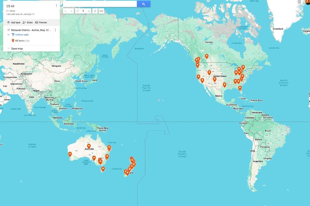 Map of Contractor Scale client locations across the United States, Canada, Australia, and New Zealand