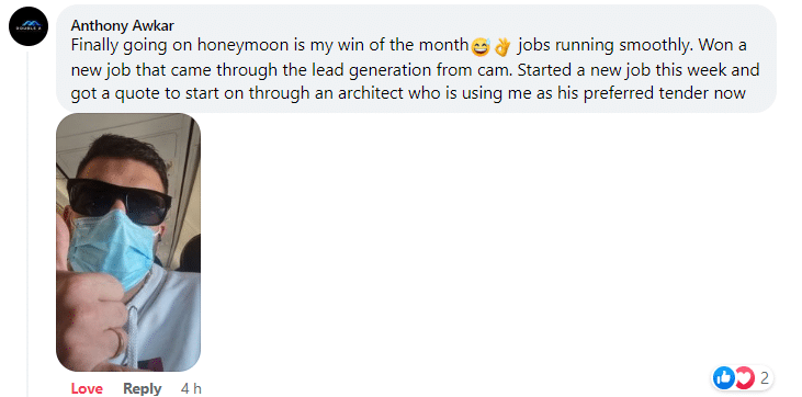 Facebook post from Anthony Awkar with selfie on a plane: new job from Cam’s lead generation, new job started, architect preferred tender