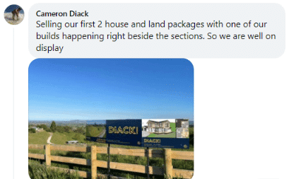 Social post from Cameron Diack with photo of Diack house-and-land billboard: first two house and land packages sold, build beside the sections