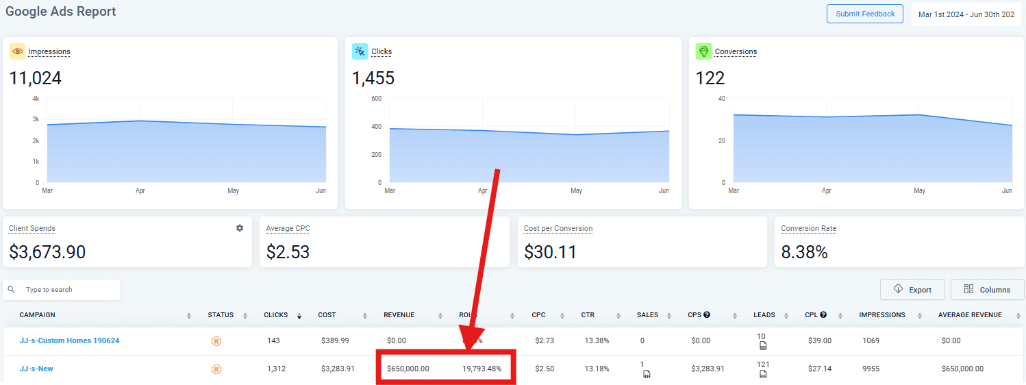 Google Ads performance report Mar–Jun 2024: 122 conversions, 8.38 percent conversion rate; campaign table showing JJ-s-New with about 650k revenue and very high ROI percentage highlighted