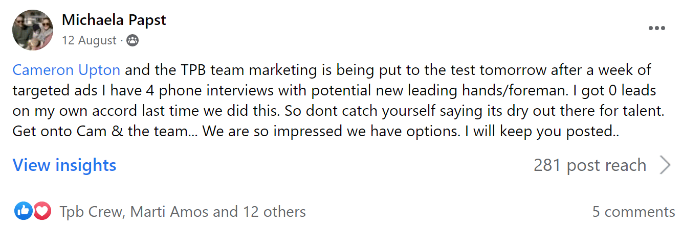 Facebook post by Michaela Papst: four phone interviews for leading hands or foreman after one week of targeted ads versus zero leads when recruiting alone