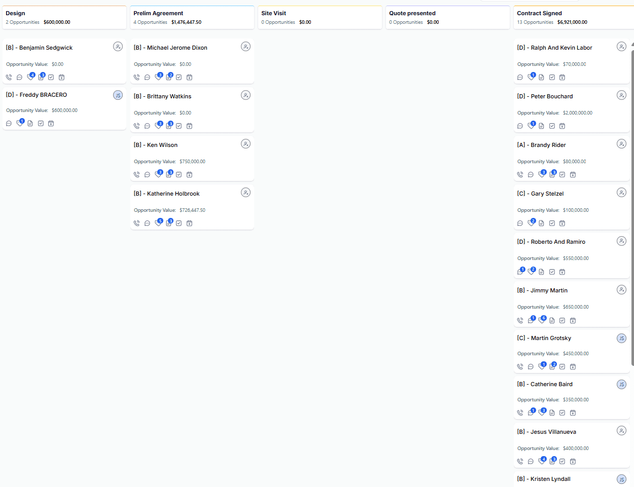Kanban CRM board with columns Design, Prelim Agreement, Site Visit, Quote presented, Contract Signed showing opportunity cards and dollar values