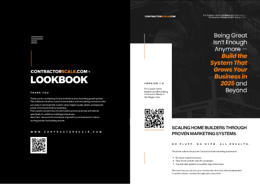 The black-and-white Contractor Scale lookbook cover spread, with orange accents